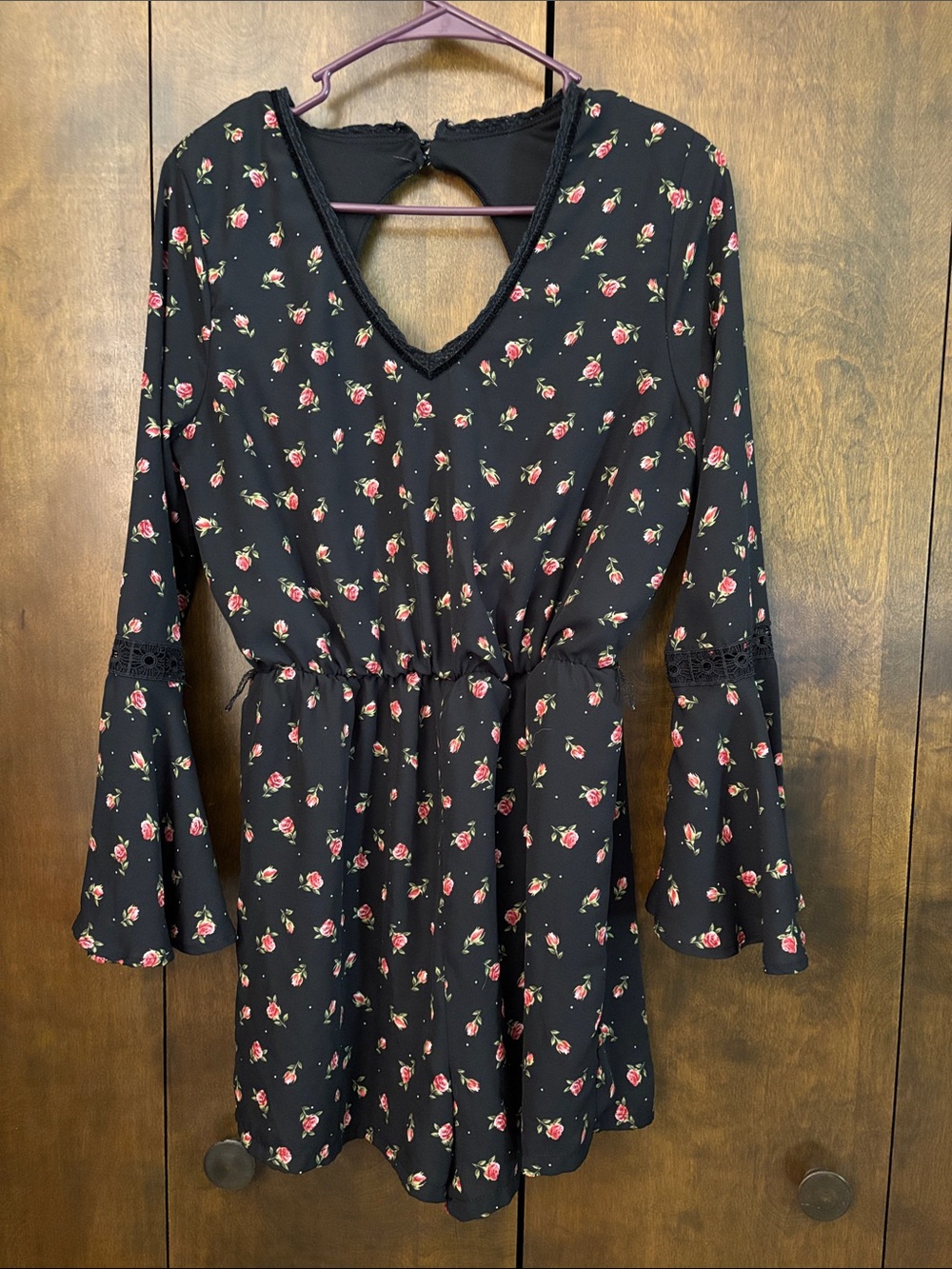 Disney Black Romper Long-Sleeve Mini with Red Rose Print